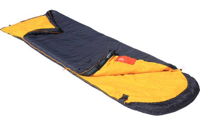 Unzipped dark gray sleeping bag with yellow lining, partially opened on a white background