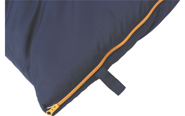 Dark blue fabric with an orange zipper along a corner and a dark blue loop on a white background