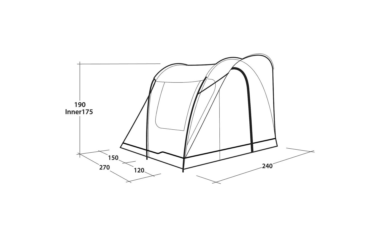 Zwart-witte technische tekening van een tent met gebogen stokken, een deurklep, maatlijnen en labels (190, Inner175, 270, 150, 120, 240)