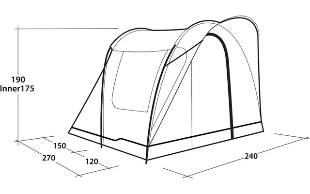 Zwart-witte technische tekening van een tent met gebogen stokken, een deurklep, maatlijnen en labels (190, Inner175, 270, 150, 120, 240)
