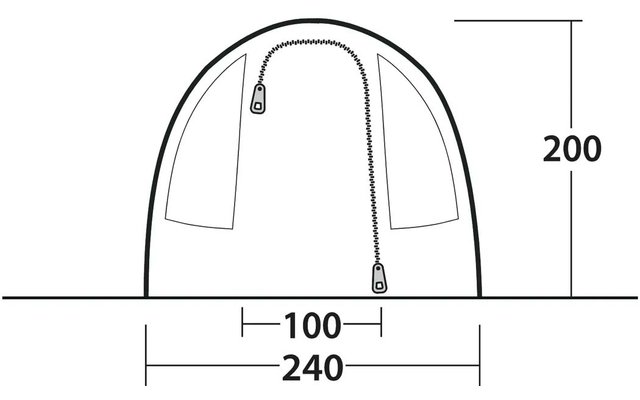 Zwart-witte schematische tekening van een koepelvormige contour op een horizontale grondlijn, gebogen rits met twee ritssluiters, twee binnenzakvormen, maatlabels 200 rechts, 100 gecentreerd, 240 onder