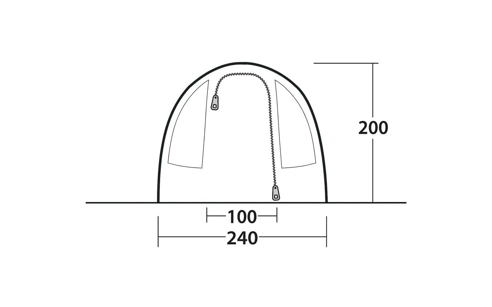 Zwart-witte schematische tekening van een koepelvormige contour op een horizontale grondlijn, gebogen rits met twee ritssluiters, twee binnenzakvormen, maatlabels 200 rechts, 100 gecentreerd, 240 onder