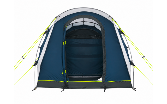 Vooraanzicht van een blauwe tent met open deur die een donkerblauw interieur toont, grijze bovenpanelen, neongele scheerlijnen en ritstrekker, en een zwarte vloer