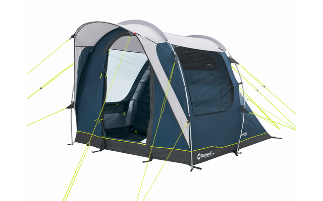 Grote blauw-grijze tent met open vooringang, zijramen van gaas, grijze boogstangen en neongele scheerlijnen op witte achtergrond