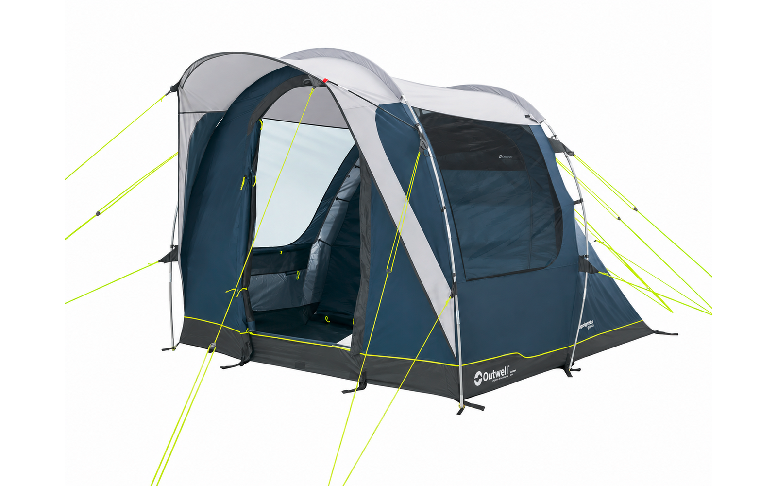 Grote blauw-grijze tent met open vooringang, zijramen van gaas, grijze boogstangen en neongele scheerlijnen op witte achtergrond
