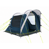 Grote blauw-grijze tent met open ingang, zijramen met gaas, neongele scheerlijnen en zichtbaar merkembleem
