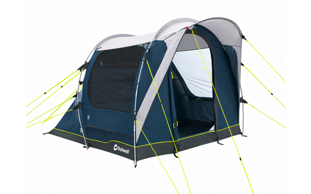 Grote blauw-grijze tent met open ingang, zijramen met gaas, neongele scheerlijnen en zichtbaar merkembleem