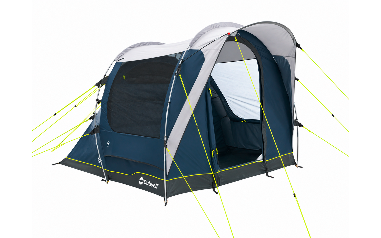 Grote blauw-grijze tent met open ingang, zijramen met gaas, neongele scheerlijnen en zichtbaar merkembleem