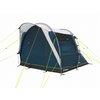 Blauwe campingtent met grijs dak, zwarte bodem, meerdere ramen, zichtbare tentstokken en neongele scheerlijnen