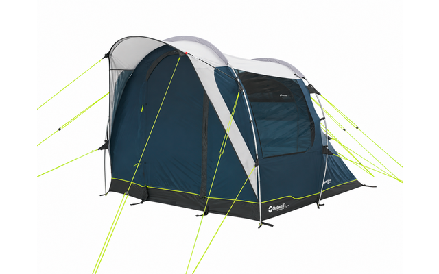 Blauwe campingtent met grijs dak, zwarte bodem, meerdere ramen, zichtbare tentstokken en neongele scheerlijnen