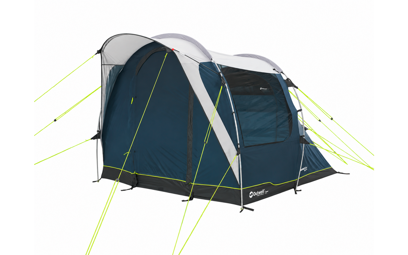 Blauwe campingtent met grijs dak, zwarte bodem, meerdere ramen, zichtbare tentstokken en neongele scheerlijnen
