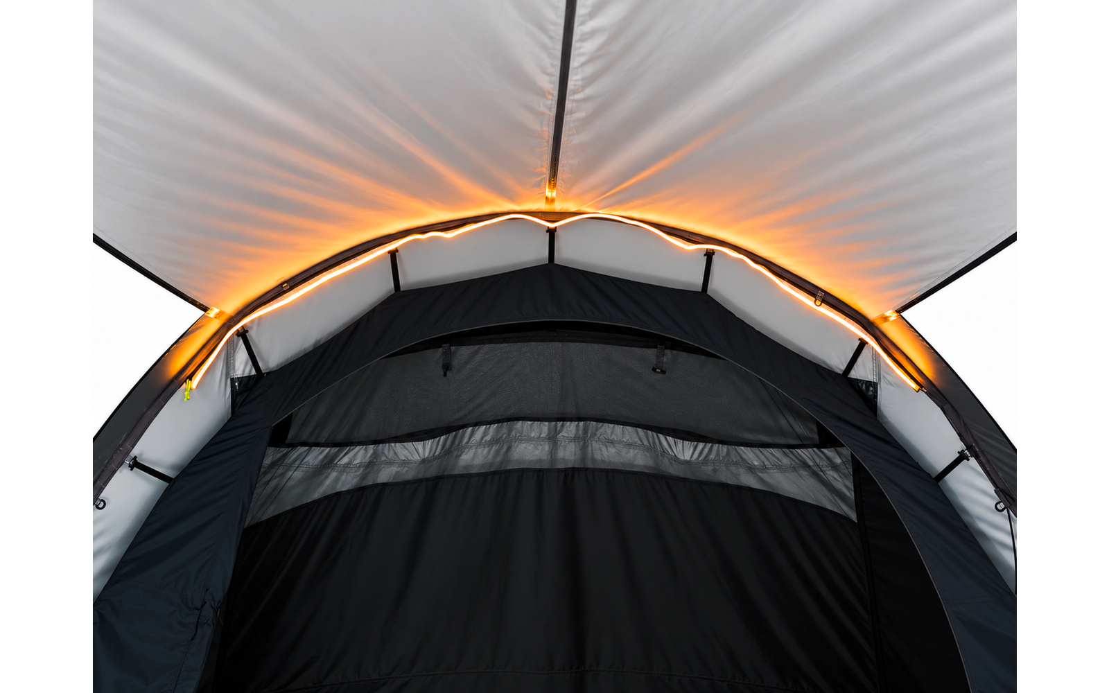 Binnenzicht van een tentdak met witte buitenstof, grijze binnenvoering, zwarte binnenwand en een oranje lichtstrip langs de dakboog