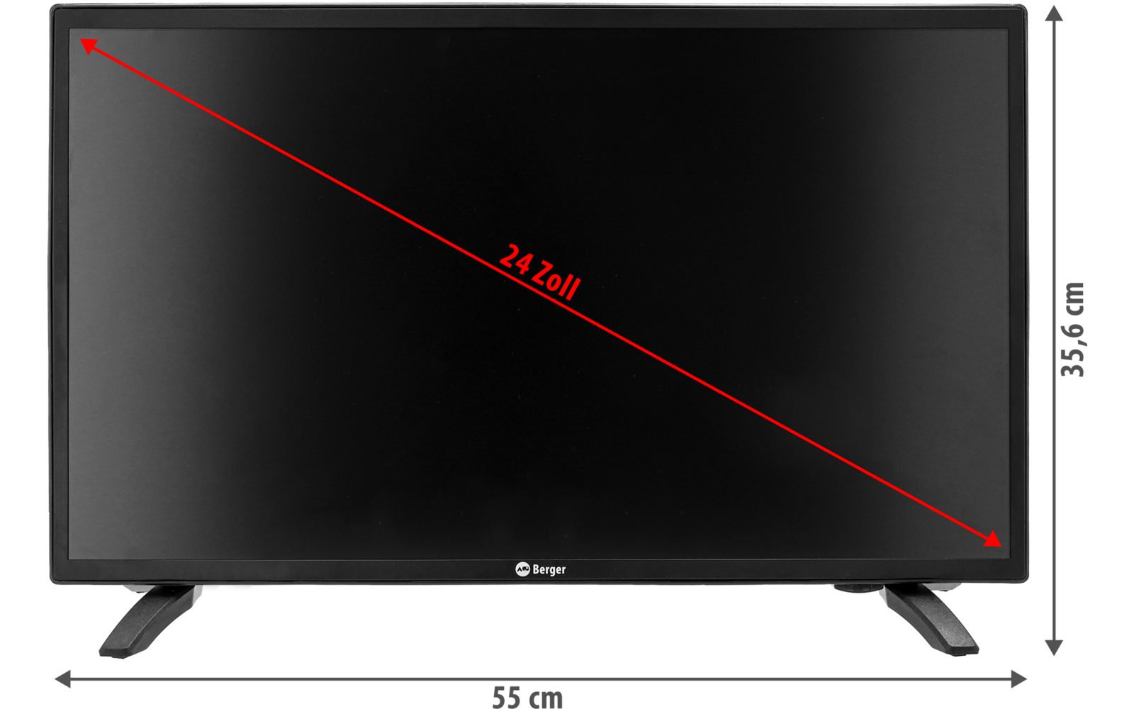 Écran plat noir à bord fin sur deux pieds inclinés; flèche diagonale rouge sur l'écran portant la mention '24.2oll'; flèches noires à double sens à droite et en dessous indiquant la hauteur et la largeur; petit logo blanc au centre de la bordure inférieure