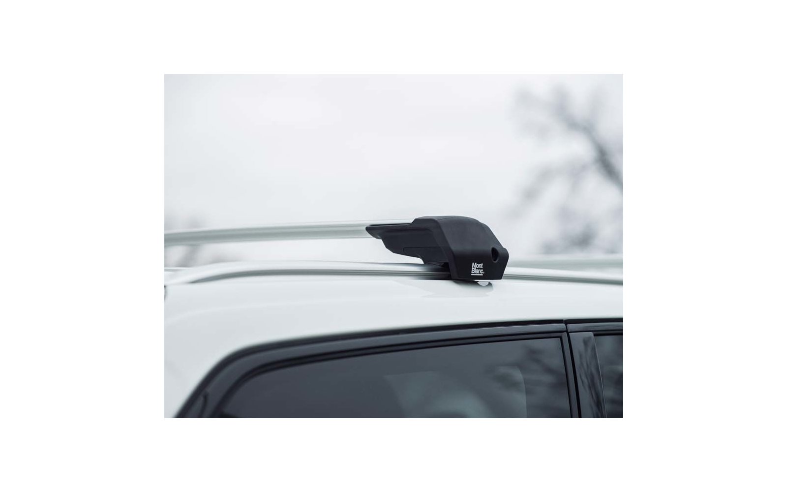 Nahaufnahme eines schwarzen Befestigungsfußes und eines silbernen Querträgers auf dem weißen Autodach; im Hintergrund unscharfer, bewölkter Himmel und Zweige