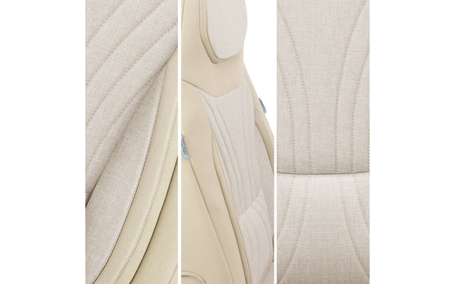 Drei Detailansichten eines beigen gepolsterten Sitzes mit Stoffbezug und sichtbaren Nähten, mittleres Bild zeigt Rückenlehne mit Kopfstütze