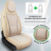 Beiger Autositz mit Sitzbezug, sichtbare Kopfstütze und schwarzer Sitzfuß; rechts oben Piktogramme zweier Sitze mit Pluszeichen und die Beschriftungen 'SITZBEZUG SET FAHRER UND BEIFAHRER' und 'Seat Cover Set Driver and Passenger'; kreisförmige Nahauf