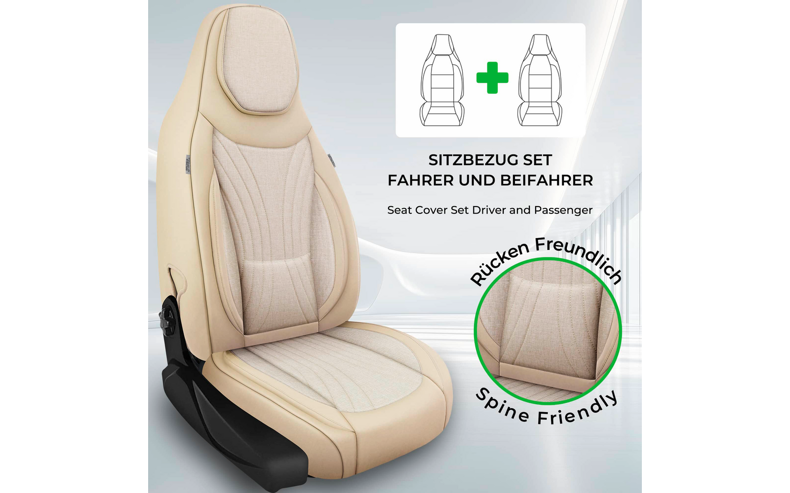 Beiger Autositz mit Sitzbezug, sichtbare Kopfstütze und schwarzer Sitzfuß; rechts oben Piktogramme zweier Sitze mit Pluszeichen und die Beschriftungen 'SITZBEZUG SET FAHRER UND BEIFAHRER' und 'Seat Cover Set Driver and Passenger'; kreisförmige Nahauf