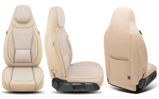 Drei beige Autositze in Vorder-, Seiten- und Rückansicht auf weißem Hintergrund