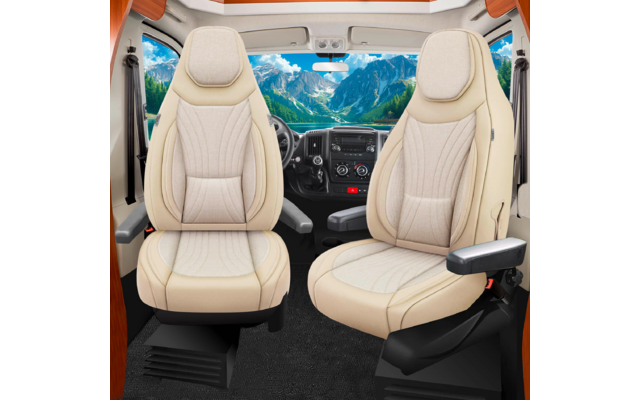 Zwei hellbeige gepolsterte Vordersitze in einem Fahrzeug, dazwischen Armaturenbrett mit Lenkrad, Rückspiegel und Bedienelementen, große Frontscheibe mit Blick auf Berge, See und Bäume