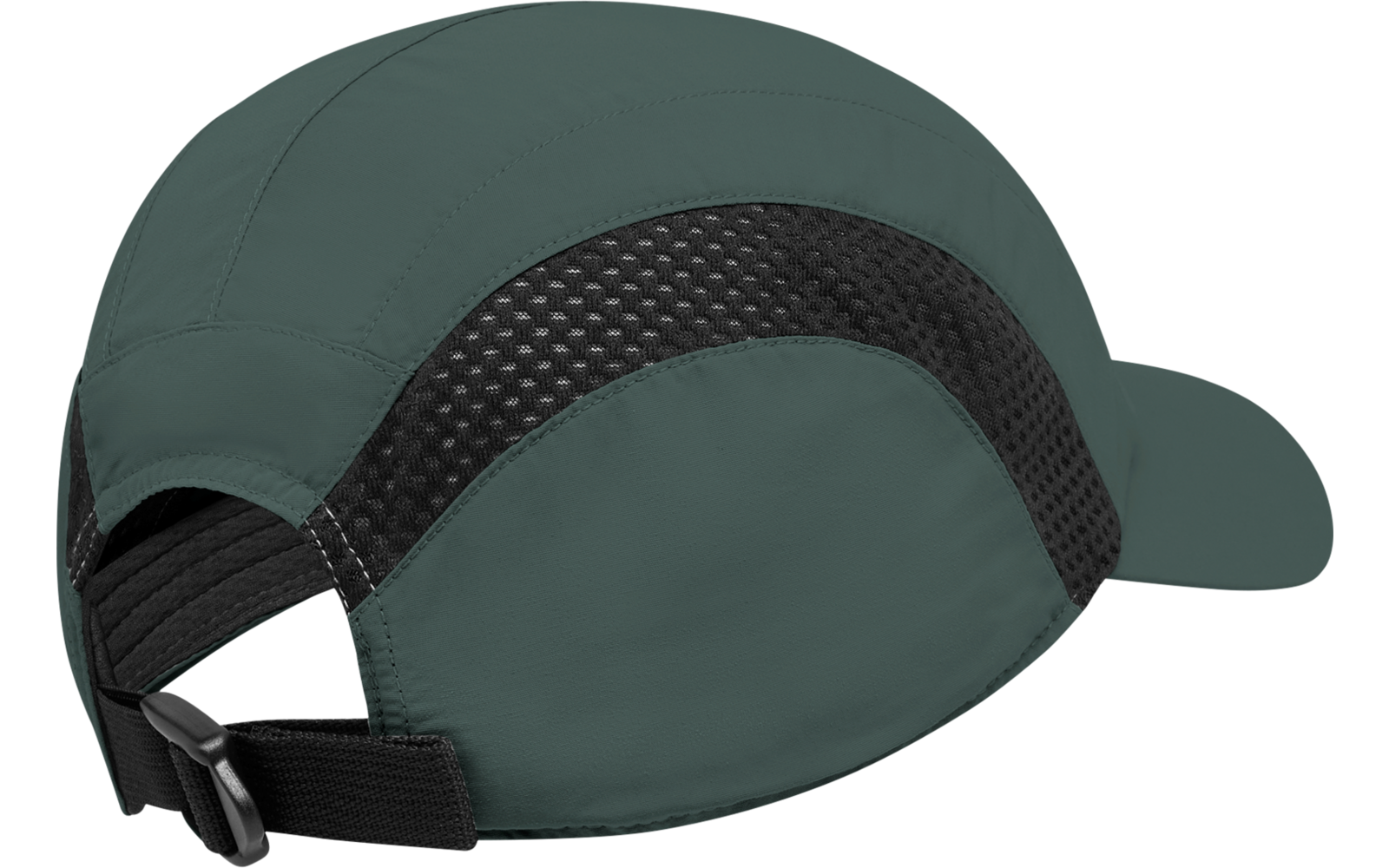 Grünlich-graue Kappe mit kurzem Schirm, schwarzem Netzbesatz an der Seite und verstellbarem Riemen mit Kunststoffverschluss