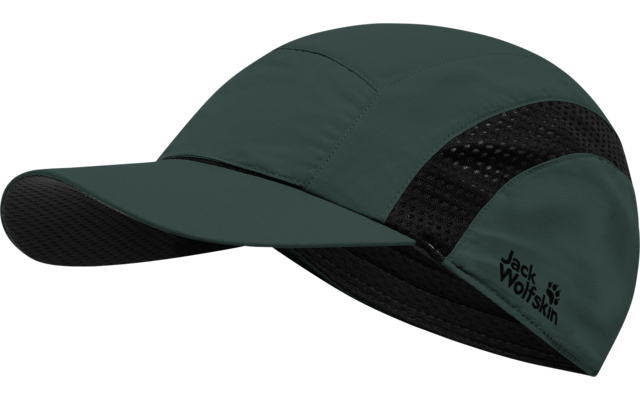 Dunkelgrüne Kappe mit Schirm, seitlichen Mesh-Einsätzen und schwarzem "Jack Wolfskin"-Logo