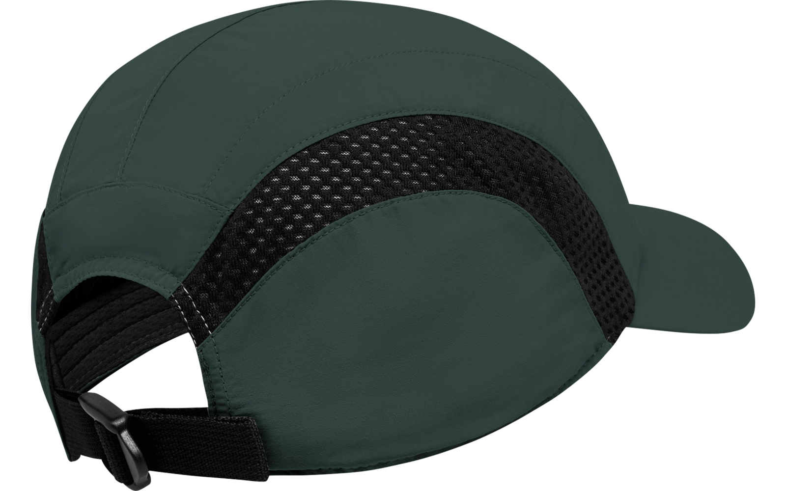 Grünlich-graue Kappe mit kurzem Schirm, schwarzem Netzbesatz an der Seite und verstellbarem Riemen mit Kunststoffverschluss