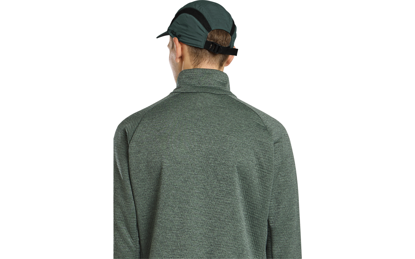 Person von hinten, trägt dunkelgrüne Baseballkappe und grün melierten Pullover mit Stehkragen