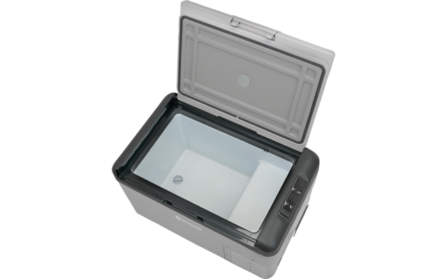 Conteneur rectangulaire avec couvercle ouvert, intérieur vide gris clair et panneau de commande sur le côté droit extérieur