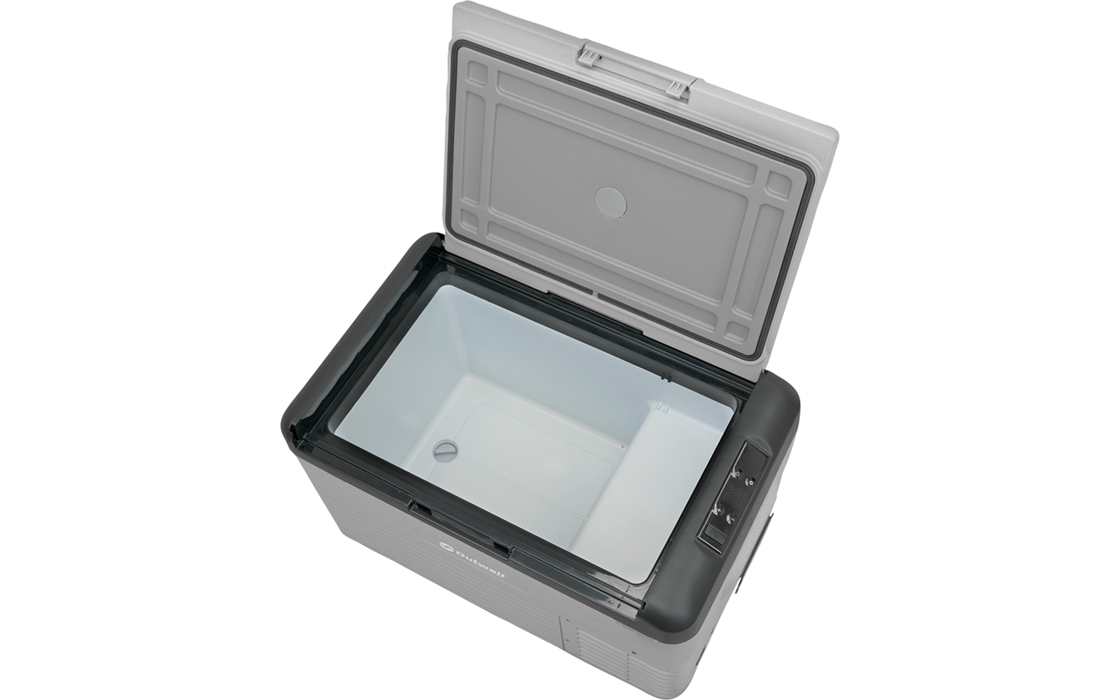 Conteneur rectangulaire avec couvercle ouvert, intérieur vide gris clair et panneau de commande sur le côté droit extérieur