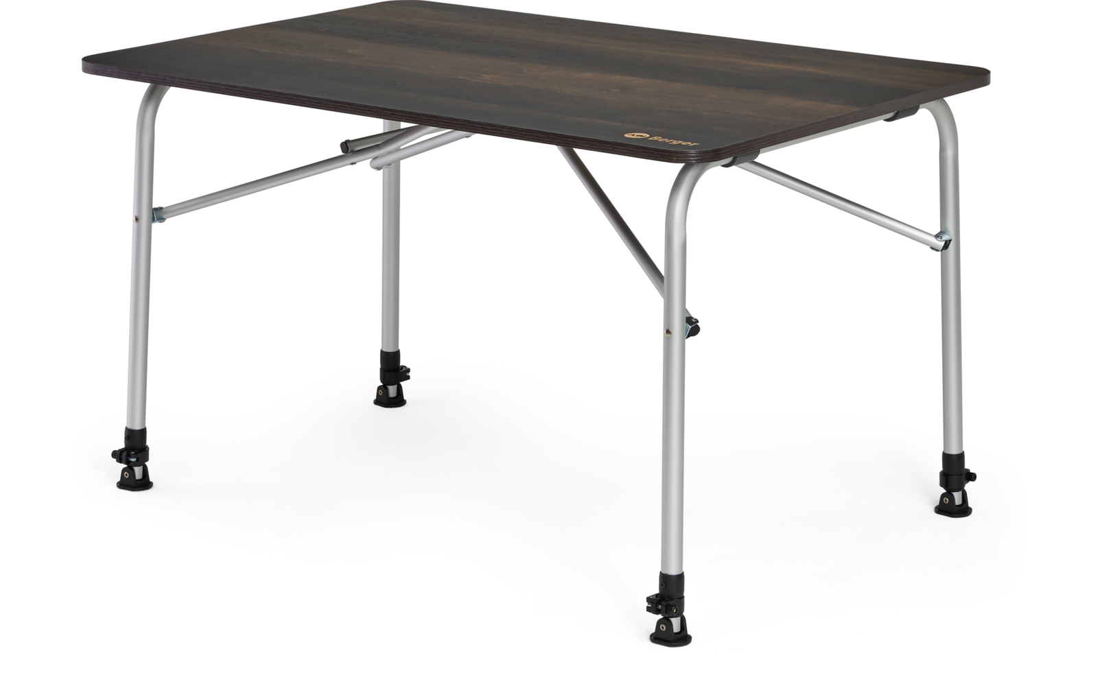 Table rectangulaire avec plateau aspect bois foncé, coins arrondis, pieds tubulaires argentés avec entretoises diagonales et patins noirs réglables sur fond blanc