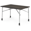 Table rectangulaire avec plateau aspect bois foncé, coins arrondis, pieds tubulaires argentés avec entretoises diagonales et patins noirs réglables sur fond blanc