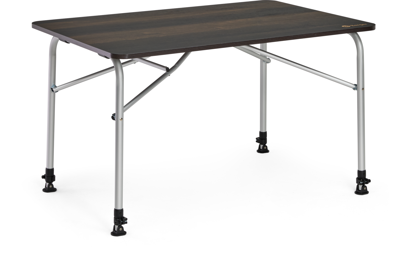 Table rectangulaire avec plateau aspect bois foncé, quatre pieds métalliques argentés avec entretoises et pieds noirs réglables