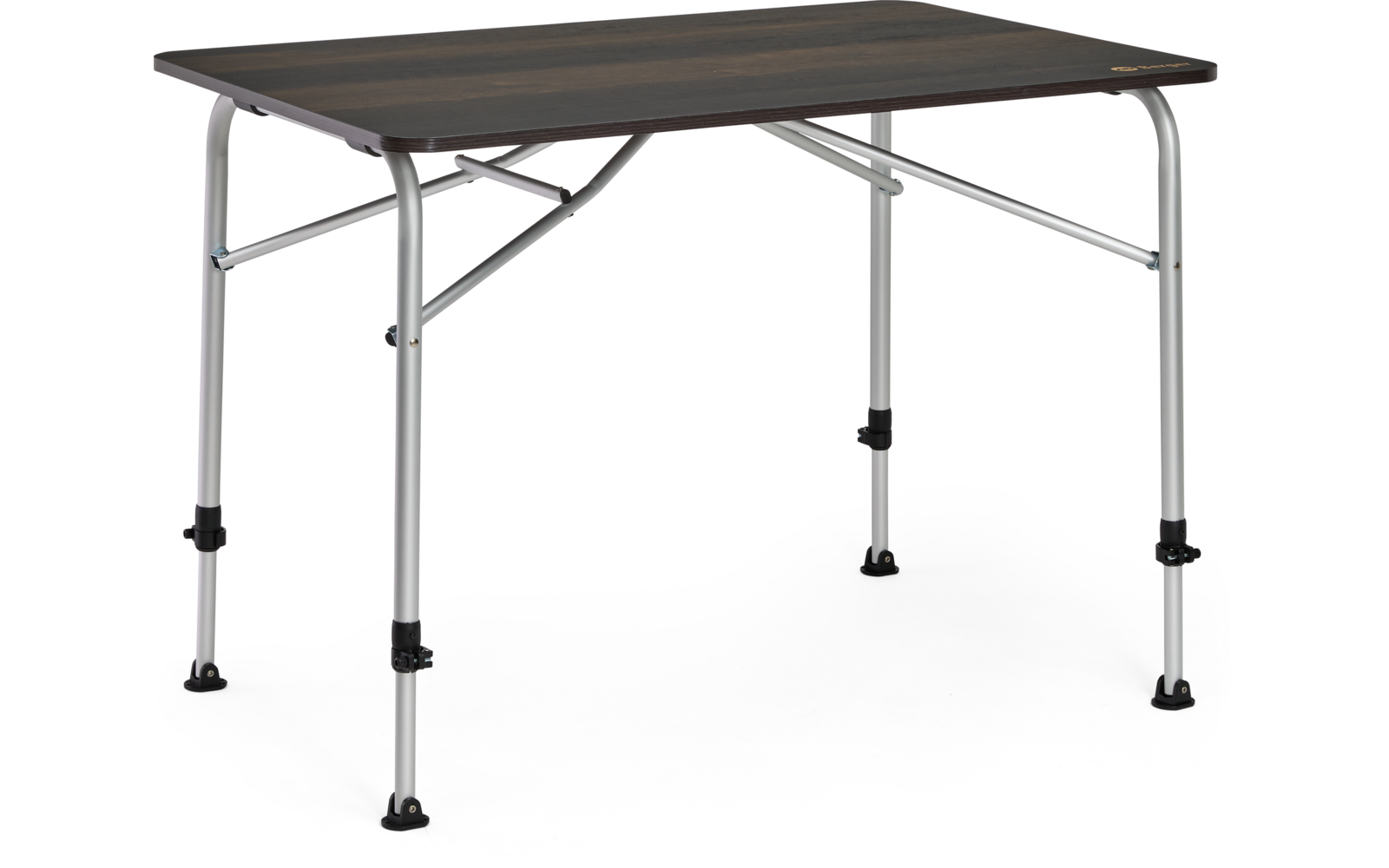 Table rectangulaire avec plateau en bois foncé sur pieds métalliques pliants argentés et pieds en plastique noir