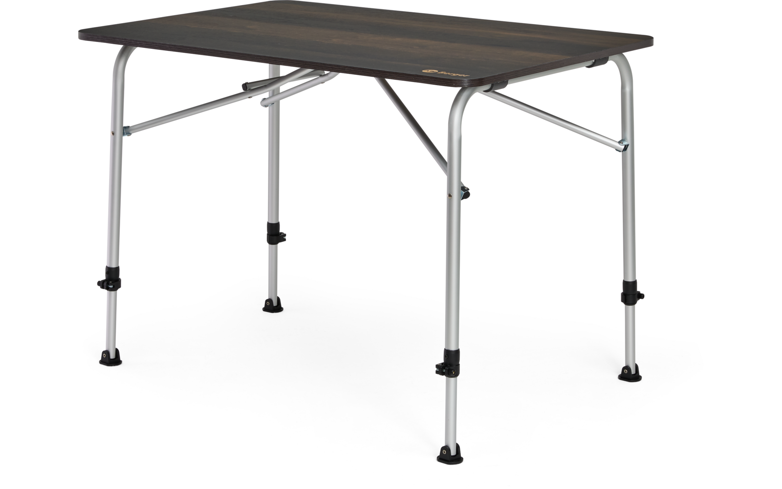 Table rectangulaire avec plateau aspect bois foncé, pieds métalliques argentés à réglage télescopique, embouts noirs en caoutchouc et entretoises métalliques sous le plateau