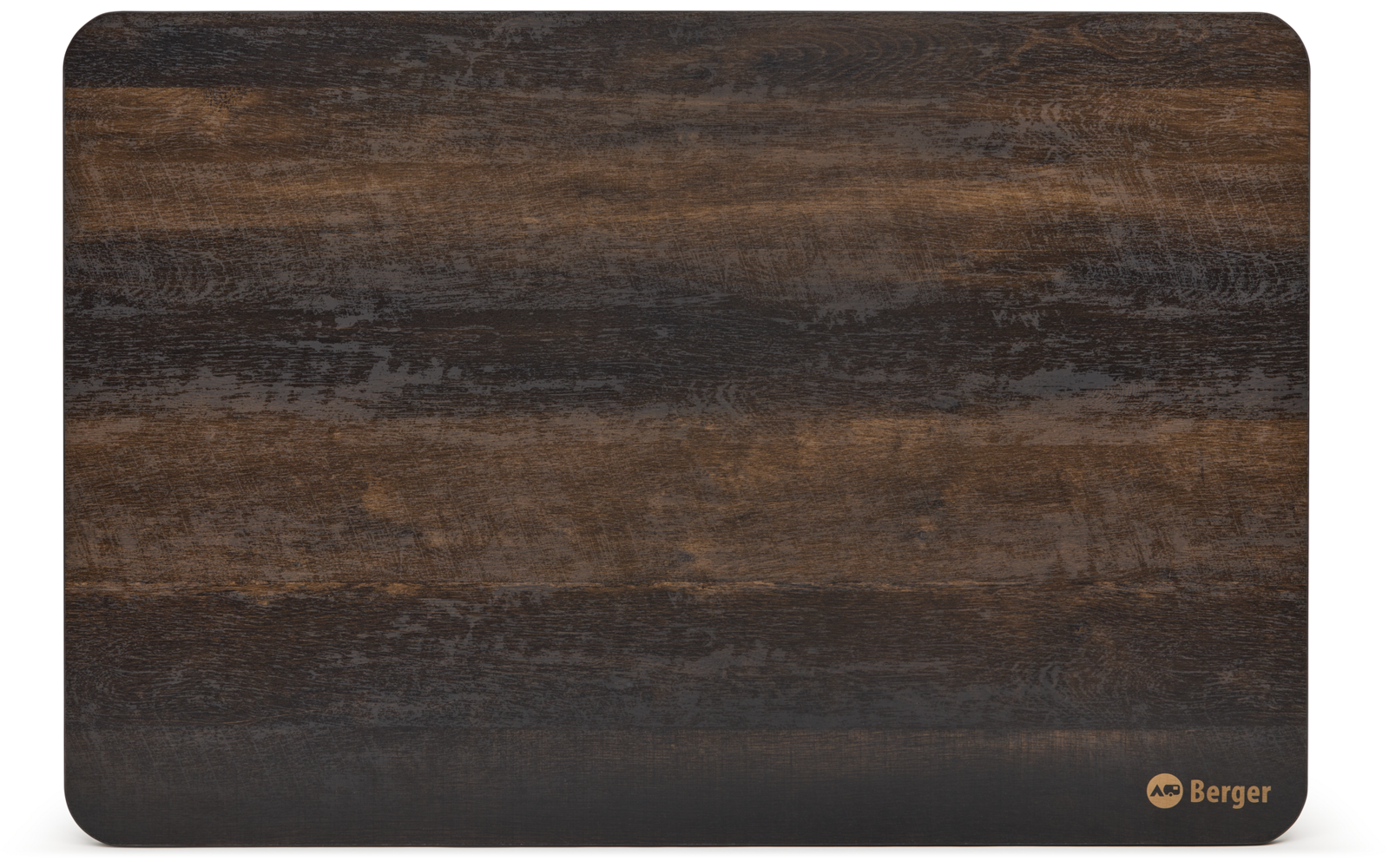 Panneau rectangulaire aux coins arrondis, grain de bois foncé en bandes horizontales, petit logo jaune Berger en bas à droite
