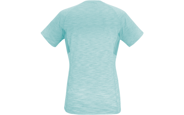 T-shirt turquoise clair chiné à manches courtes, vue de dos, taille marquée, encolure ronde, empiècements latéraux