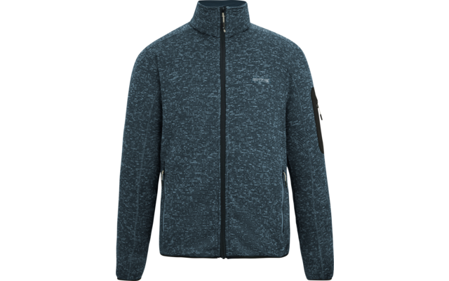 Dunkelblau melierte Jacke mit durchgehendem Reißverschluss, Stehkragen, langen Ärmeln, zwei seitlichen Reißverschlusstaschen und dunklem Aufnäher am Ärmel