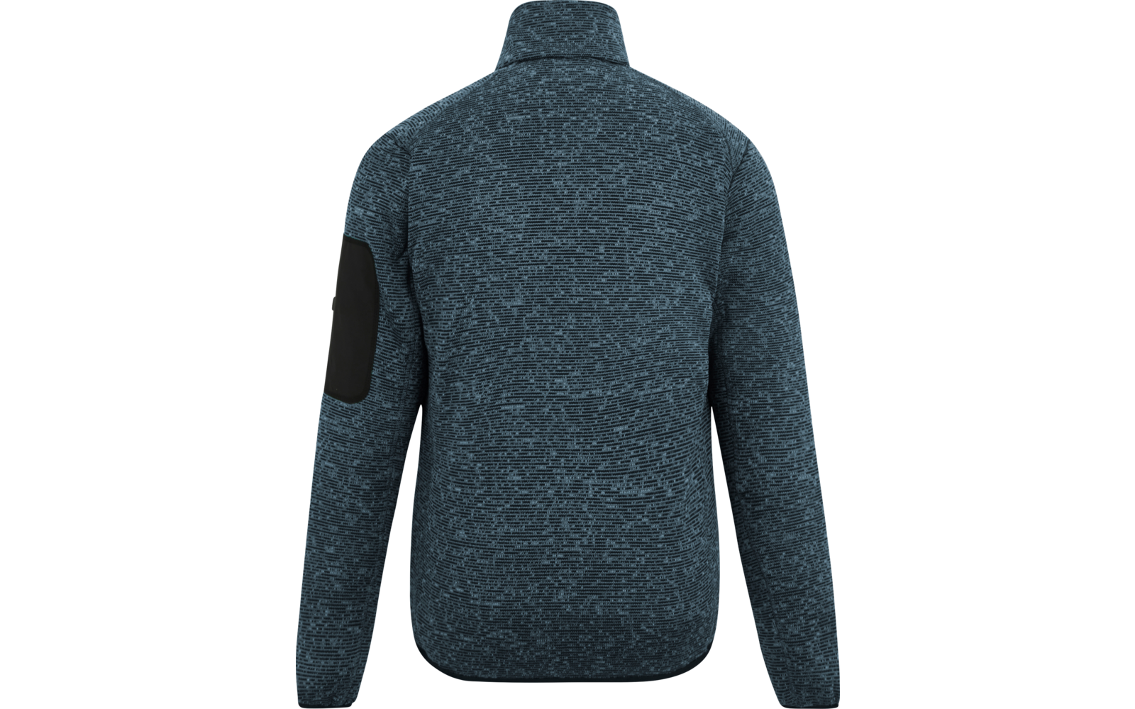 Rückenansicht eines blau-grau melierten Oberteils mit Stehkragen, langen Ärmeln und schwarzer Ellbogenverstärkung an einem Ärmel