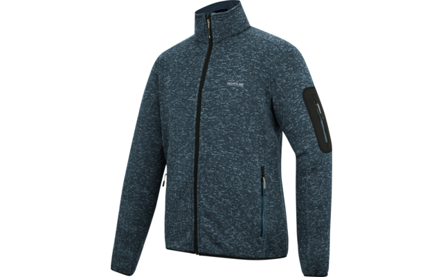 Blau melierte, strukturierte Jacke mit Stehkragen, durchgehendem Reißverschluss, zwei Fronttaschen mit Reißverschluss, Reißverschlusstasche am Oberarm und sichtbarem Logo auf der Brust