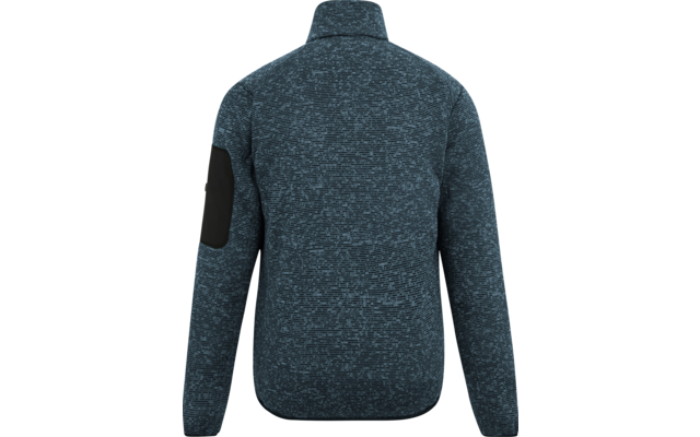 Rückenansicht eines blau-grau melierten Oberteils mit Stehkragen, langen Ärmeln und schwarzer Ellbogenverstärkung an einem Ärmel