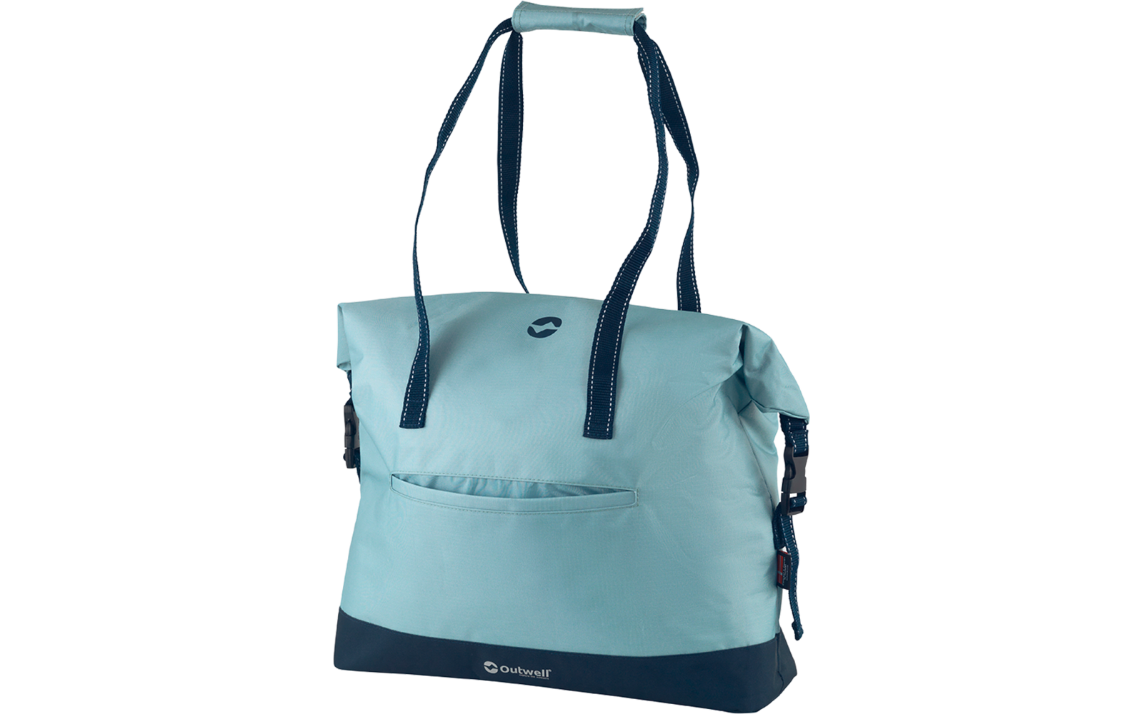 Hellblaue Tasche mit dunklen Schulterträgern und dunklem Boden, frontale Einschubtasche, kleines rundes Logo auf der Vorderseite