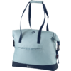 Light blue bag with dark straps and dark bottom, front slip pocket, small round logo on the front