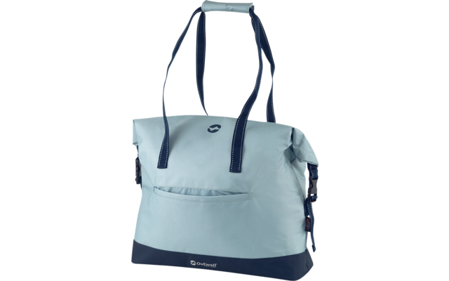 Light blue bag with dark straps and dark bottom, front slip pocket, small round logo on the front