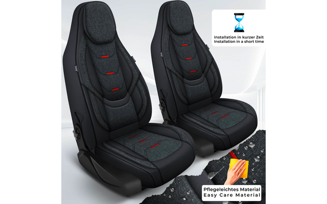 Zwei Autositze nebeneinander, dunkelgraue Stoffeinsätze und schwarze Seitenverkleidungen mit kleinen roten Rechtecken, schwarze Kunststoff-Sitzbasen; rechts oben Sanduhr-Icon mit Text Installation in kurzer Zeit / Installation in a short time; rechts