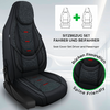 Schwarzer Autositz mit dunkelgrauem Stoffbezug und roten Ziernähten; oben rechts Einblendung zweier Sitz-Silhouetten mit grünem Pluszeichen; Text 'SITZBEZUG SET FAHRER UND BEIFAHER' und darunter 'Seat Cover Set Driver and Passenger'; rundes Label mit