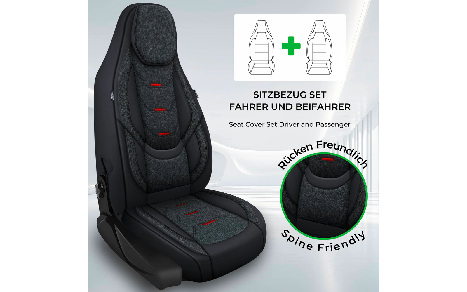 Schwarzer Autositz mit dunkelgrauem Stoffbezug und roten Ziernähten; oben rechts Einblendung zweier Sitz-Silhouetten mit grünem Pluszeichen; Text 'SITZBEZUG SET FAHRER UND BEIFAHER' und darunter 'Seat Cover Set Driver and Passenger'; rundes Label mit