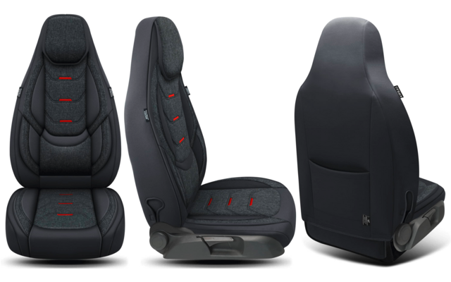 Drei Ansichten eines dunklen Autositzes (Vorder-, Seiten- und Rückansicht) mit roten Nähten auf weißem Hintergrund