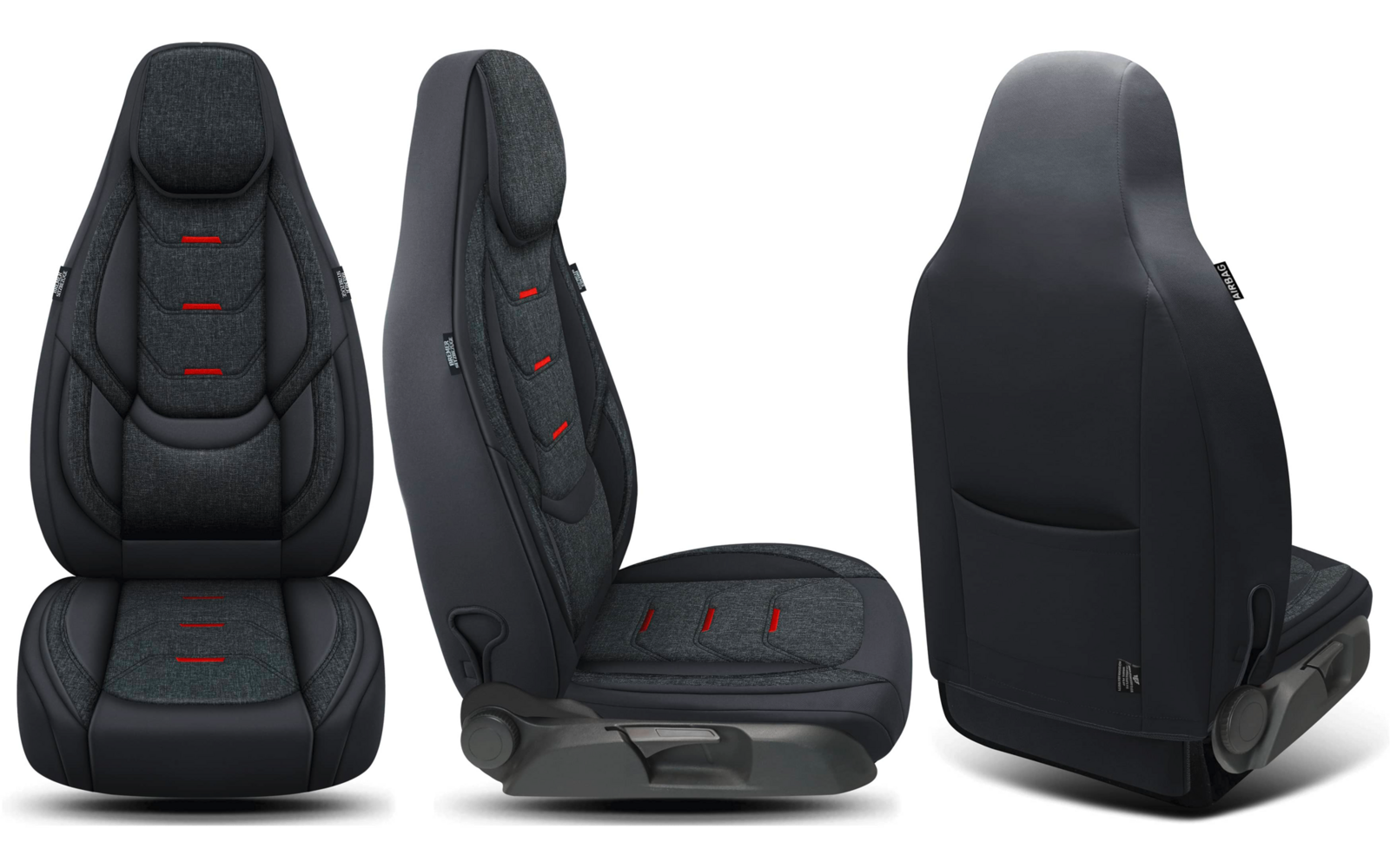 Drei Ansichten eines dunklen Autositzes (Vorder-, Seiten- und Rückansicht) mit roten Nähten auf weißem Hintergrund