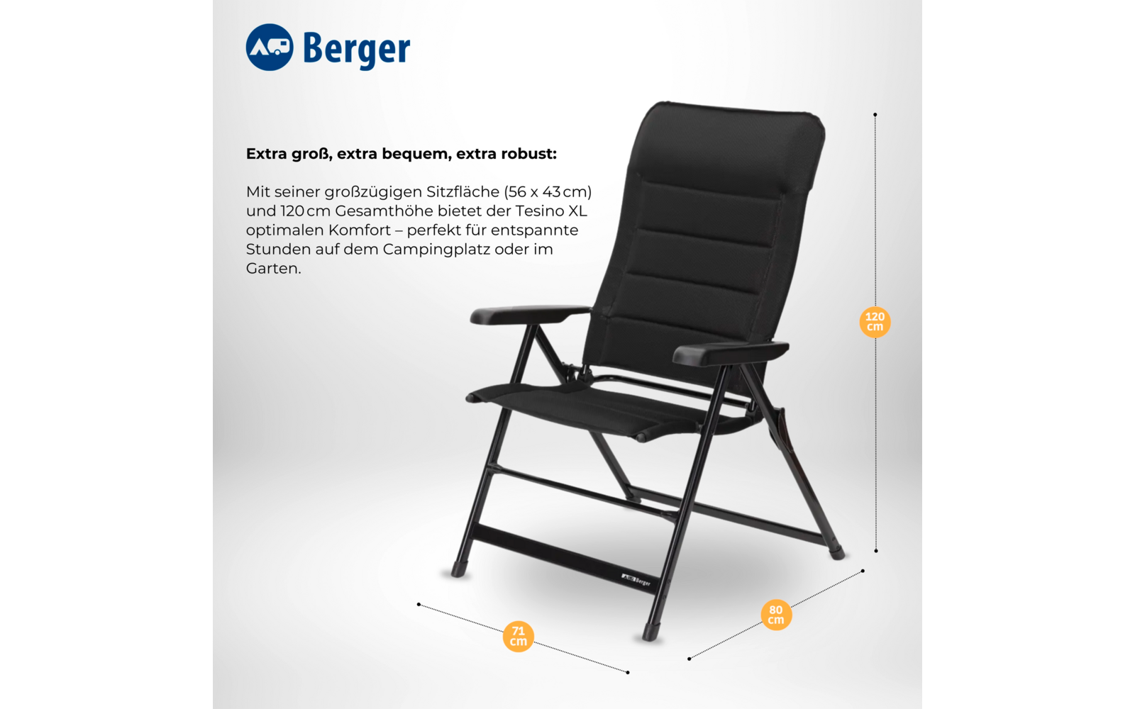 Black folding chair with padded backrest, armrests and metal frame; product text at left, Berger logo top left; orange measurement labels 120 cm, 80 cm, 71 cm