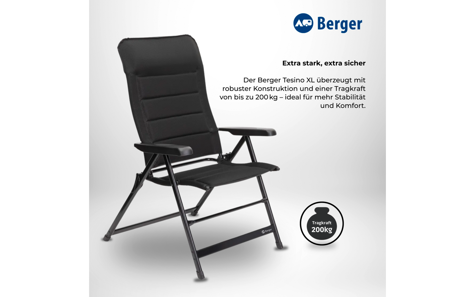 Black chair with armrests and metal frame on a light background; Berger logo at top right; short product text to the right; round symbol at bottom right with text Tragkraft 200kg